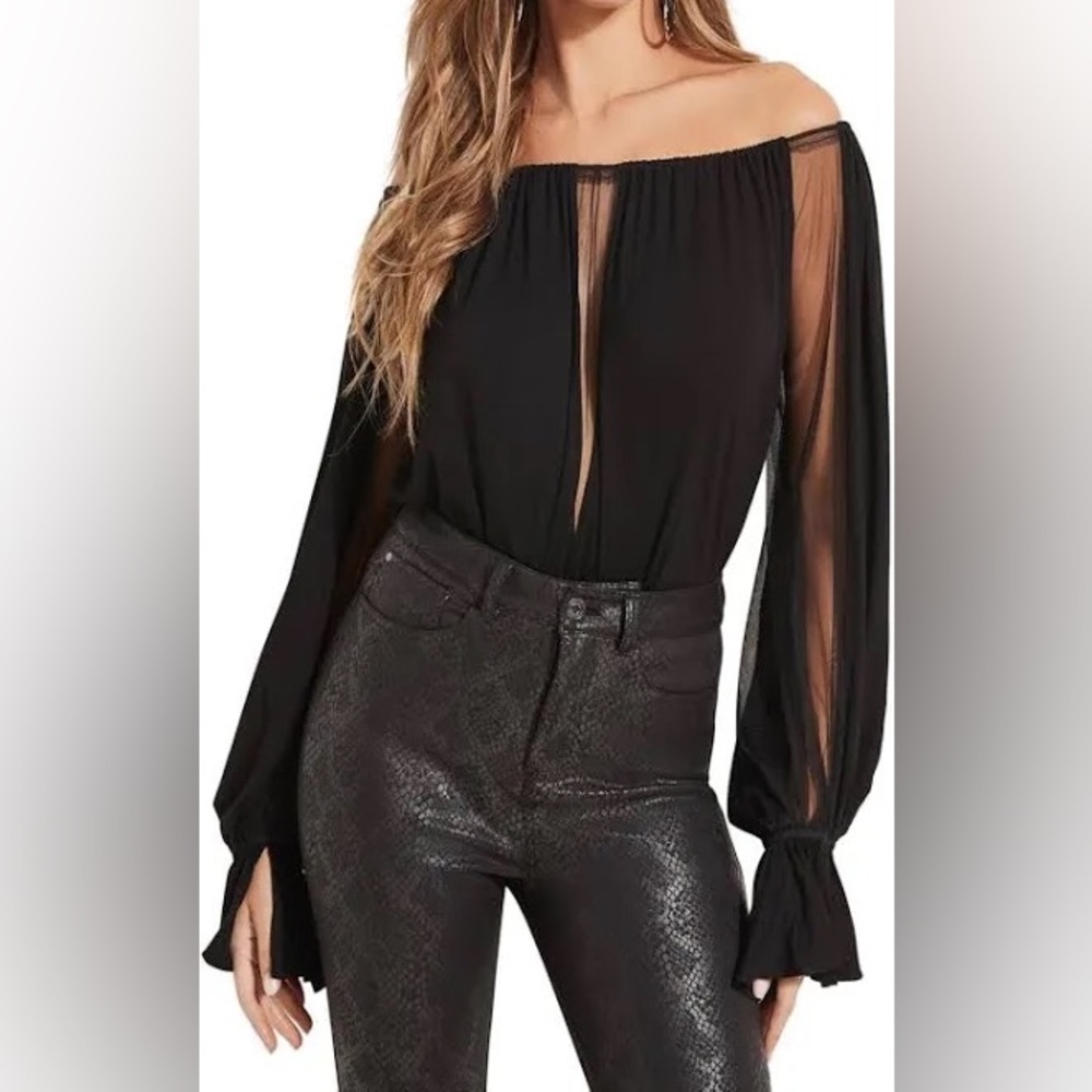 Sexy Black Guess Bodysuit with See-Thru Mesh Detail